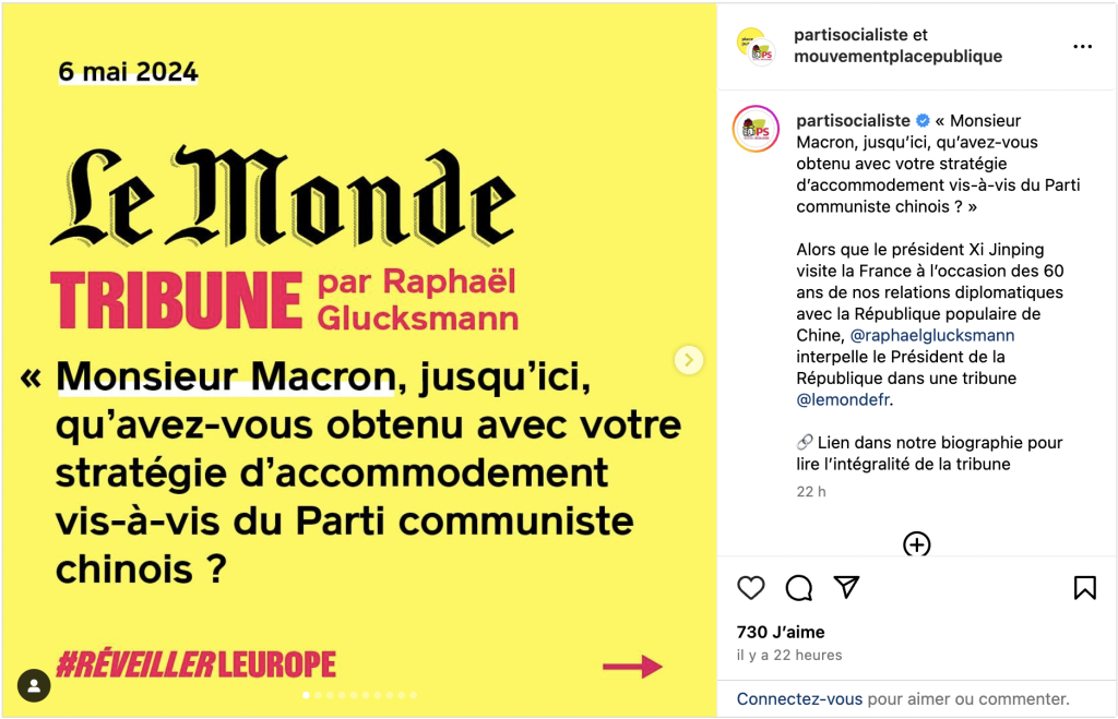 Tribune Raphael Gluksmann dans le Monde concernant la visite du Président chinois